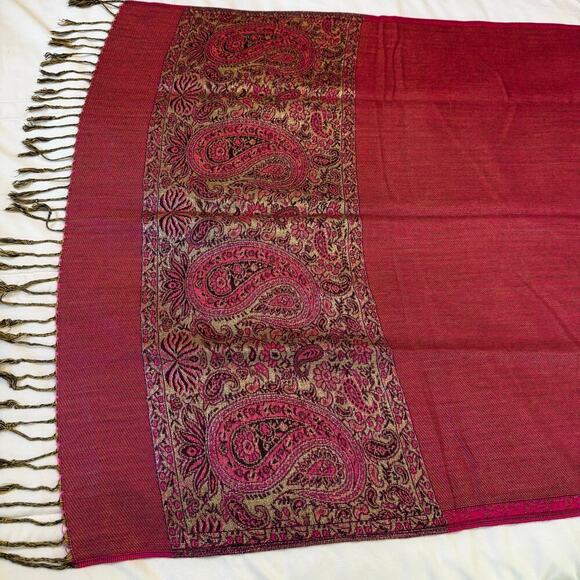 Pashmina Women's Wrap Shawl Scarf 70% Pashmina 30% Silk Magenta Paisley - Picture 6 of 11